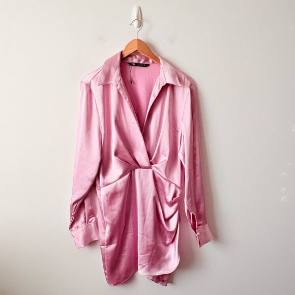 Zara Short Satin Effect Long Sleeve Mini Dress Pink Size Large Blogger Fav - Picture 7 of 11